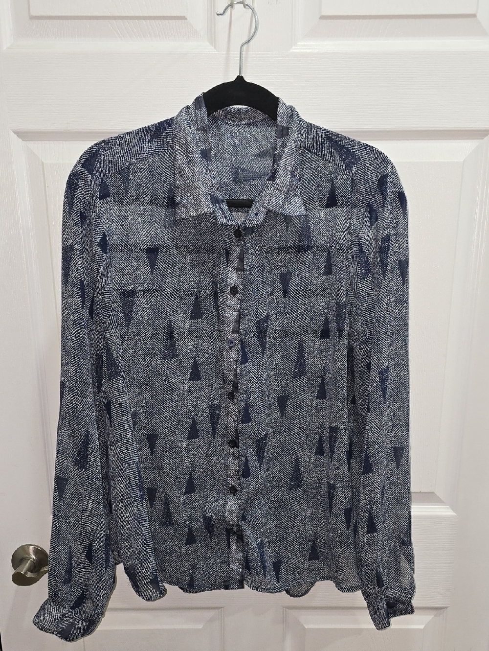 Haggar Navy Geometric Print Button-Up Blouse